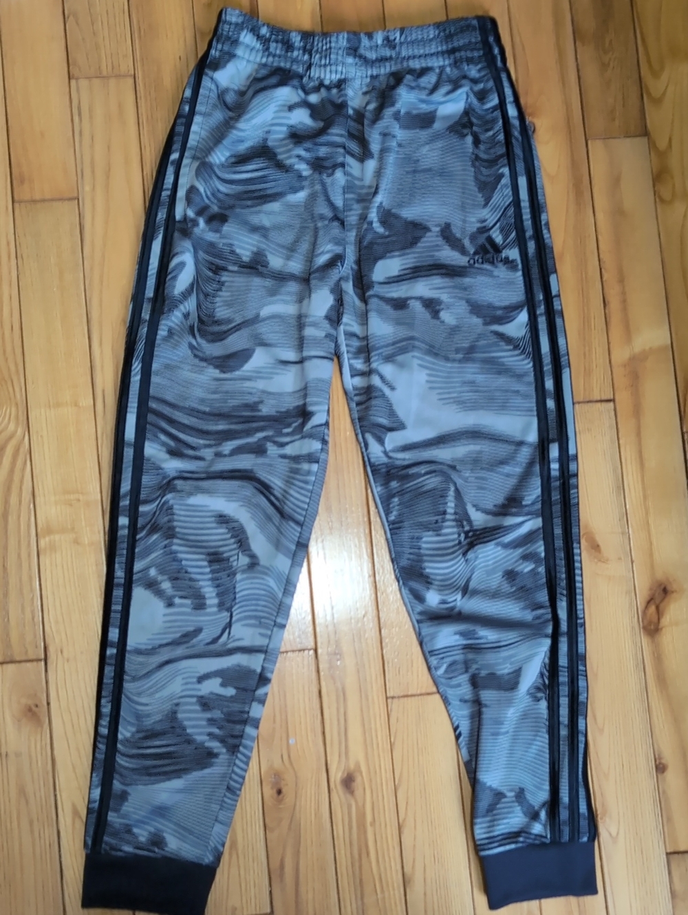 adidas Boy Gray Camouflage Joggers with Black Stripes